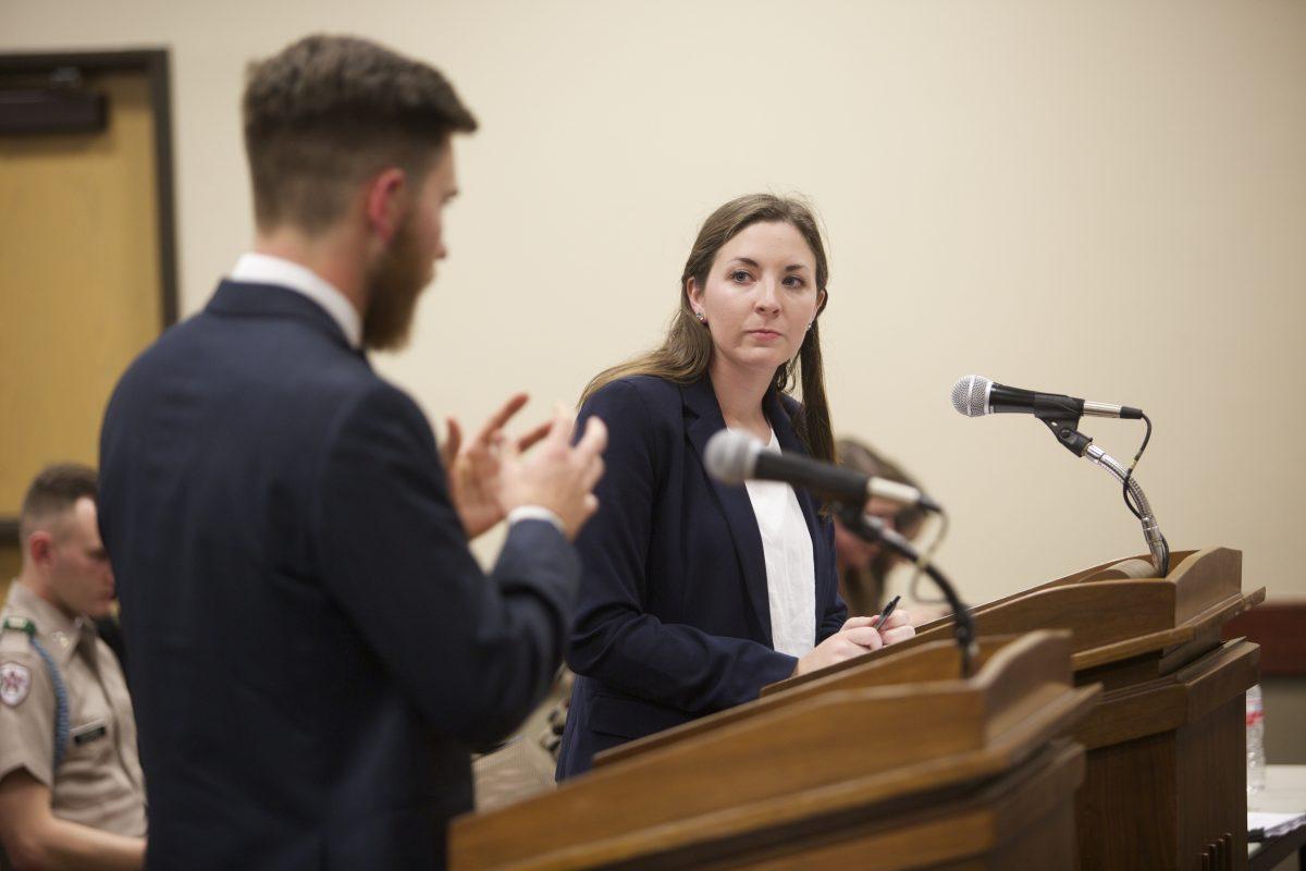 Business honors junior and Election Commissioner Rachel Keathley cross examines McIntosh's witness.