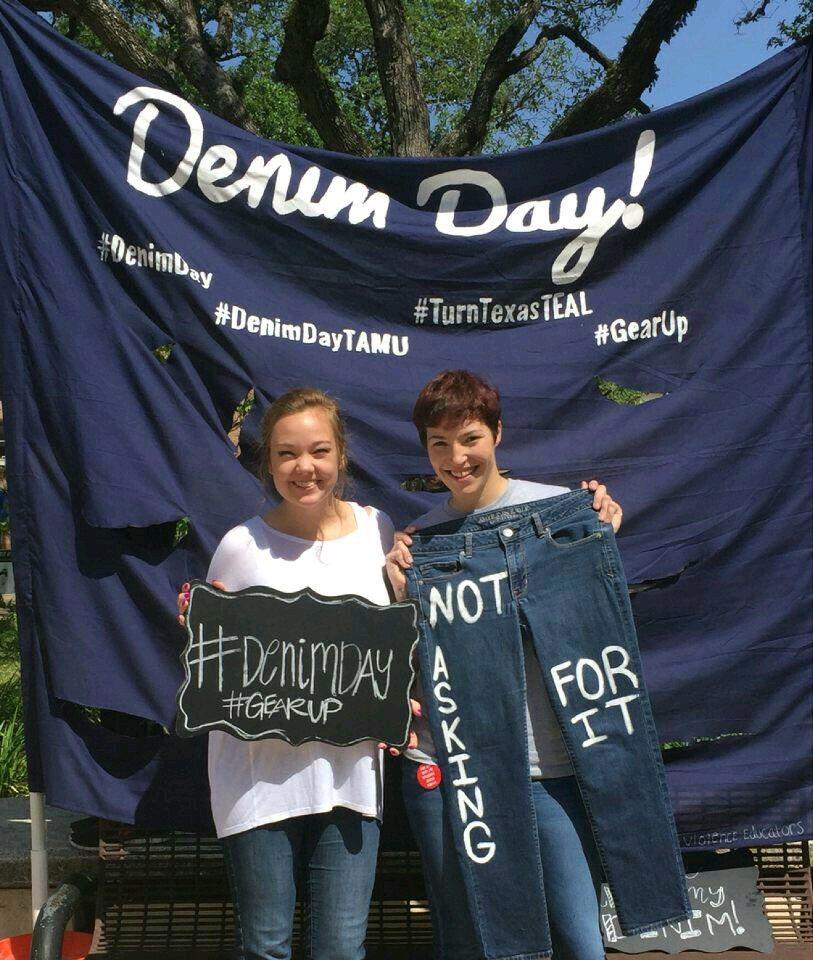 Students at 2016's Denim Day displaying messages of solidarity.