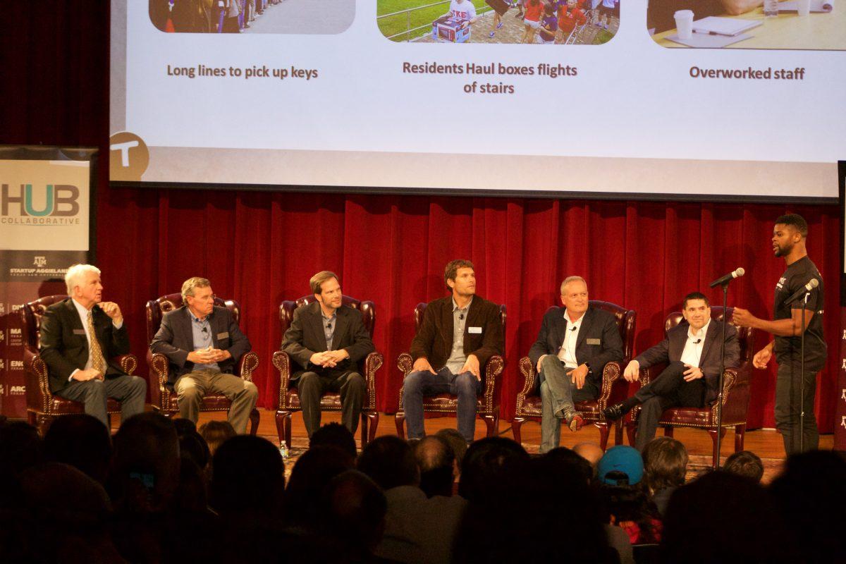 At StartUp Aggielands Silicon Valley Bank Shark Frenzy, an entrepreneur pitches his business TruckE, a startup business he termed  the Uber of moving.