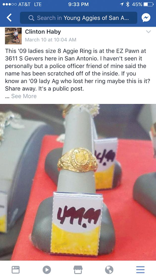 This Facebook post allowed for this Aggie Ring to travel from San Antonio all the way back to College Station.