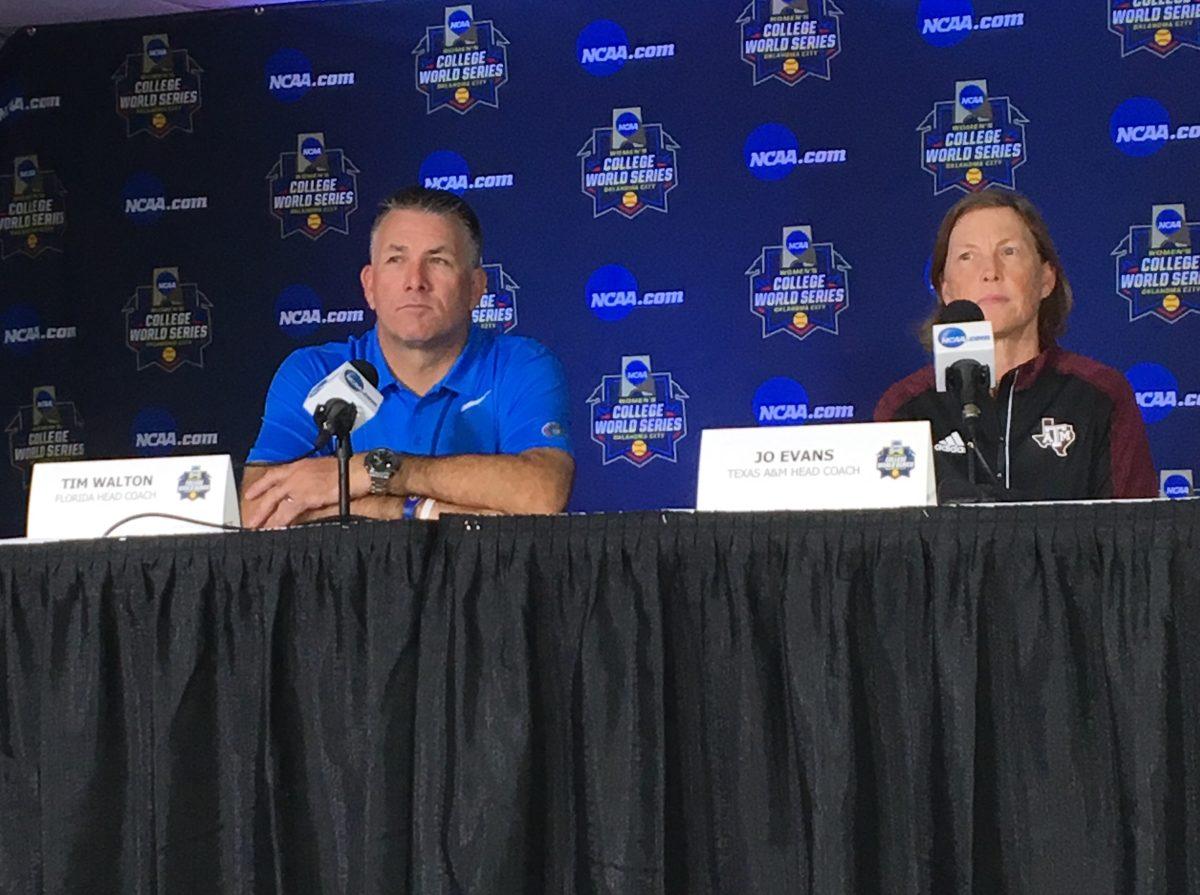 Florida head coach Tim Walton (left) and Texas A&M head coach Jo Evans (right) met with the media Wednesday afternoon prior to the beginning of the WCWS.