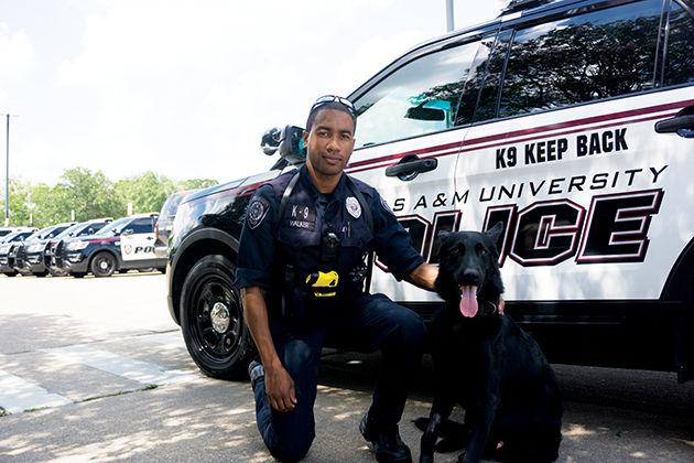 TAMU+police+officer+Eric+Walker+sits+with+his+police+dog%2C+Tyson.+Tyson+and+Jackie+are+UPDs+first+K-9+dogs+on+the+force.