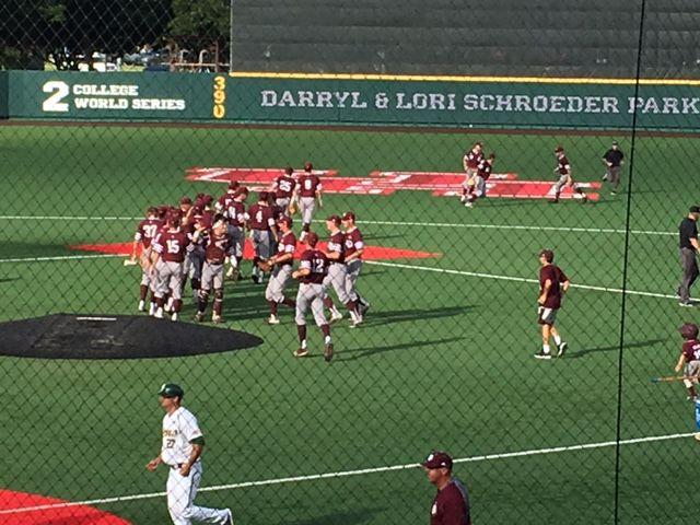 Texas A&M celebrates after the final out is recorded of Fridays 8-5 win over Baylor. 