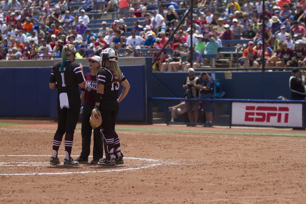 Texas A&amp;M head coach Jo Evans spoke with pitcher Samantha Show and catcher Ashley Walters during a tough inning against Florida at the 2017 Women's College World Series.