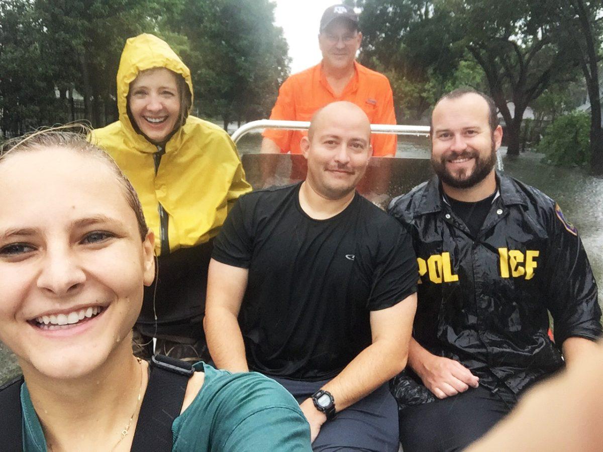 Tommy Edwards, Class of 1987, and ocean and Coastal resources freshman, Elizabeth Schneider, used a family boat to rescue neighbors and fellow Texans in Bellaire.