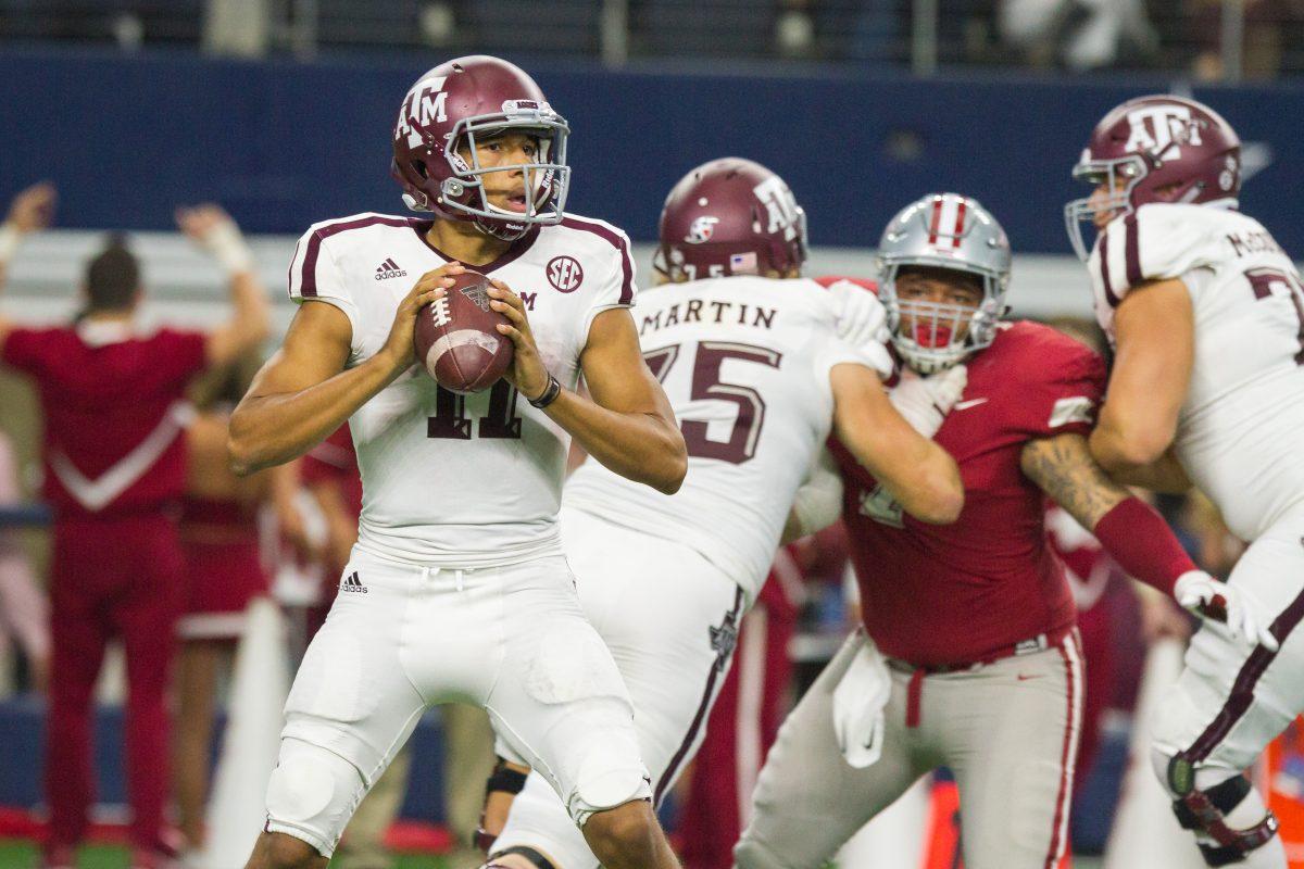 Freshman quarterback Kellen Mond completed 14 of his 27 passes for 216 yards and two touchdowns, and also added 116 rushing yards on ten carries against the Razorbacks. 