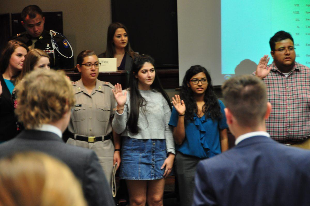 Students being sworn into positions on University Committees during Texas A&Ms Student Senate meeting on Sept. 20 in the John J. Koldus building.