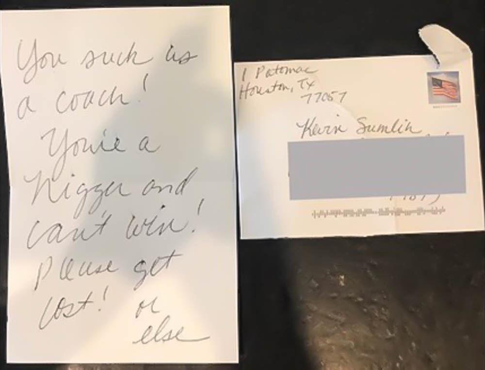 On Thursday night, Charlene Sumlin tweeted a picture of a racist hate letter received by the family. 