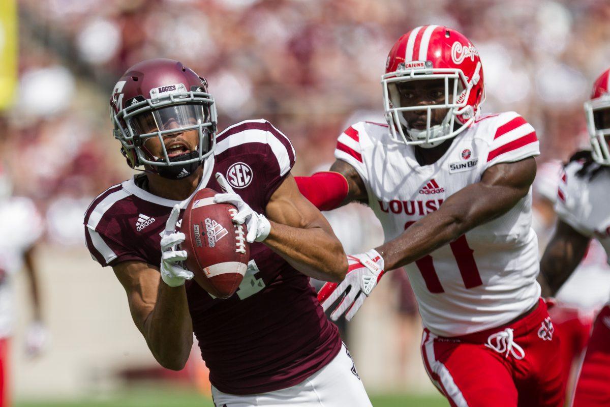 Senior wide receiver&#160;Damion Ratley&#160;hauls in a pass that was initially ruled a touchdown, but was later reversed after referee review. The ball was marked down at the one yard line and the Aggies scored on the following play.