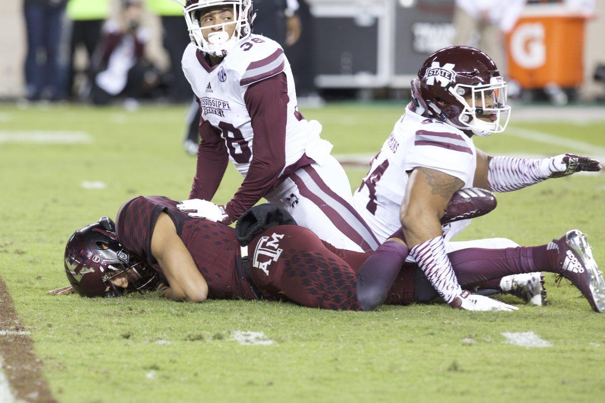 Freshman quarterback&#160;Kellen Mond is sacked for a loss in yards.