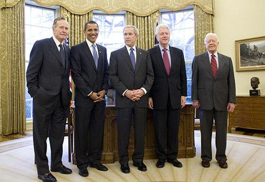 Then President George W. Bush met with former Presidents George H.W. Bush, Bill Clinton and Jimmy Carter and then President-elect Barack Obama Wed., Jan. 7, 2009 in the Oval Office of the White House.