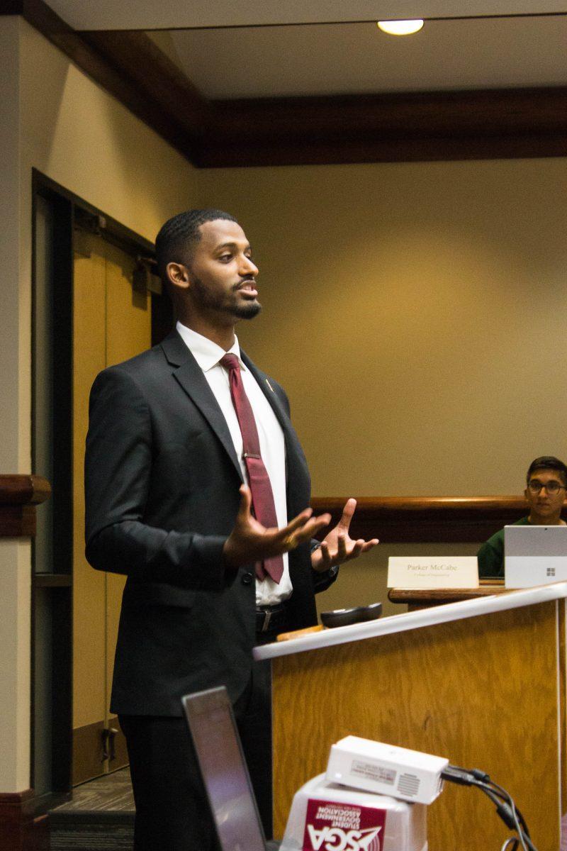Off-Campus Residence Senator Gentill Abdulla presented the Matthew Gaines Statue Bill proposing a statue be constructed on campus for the former member of the Texas Senate. 