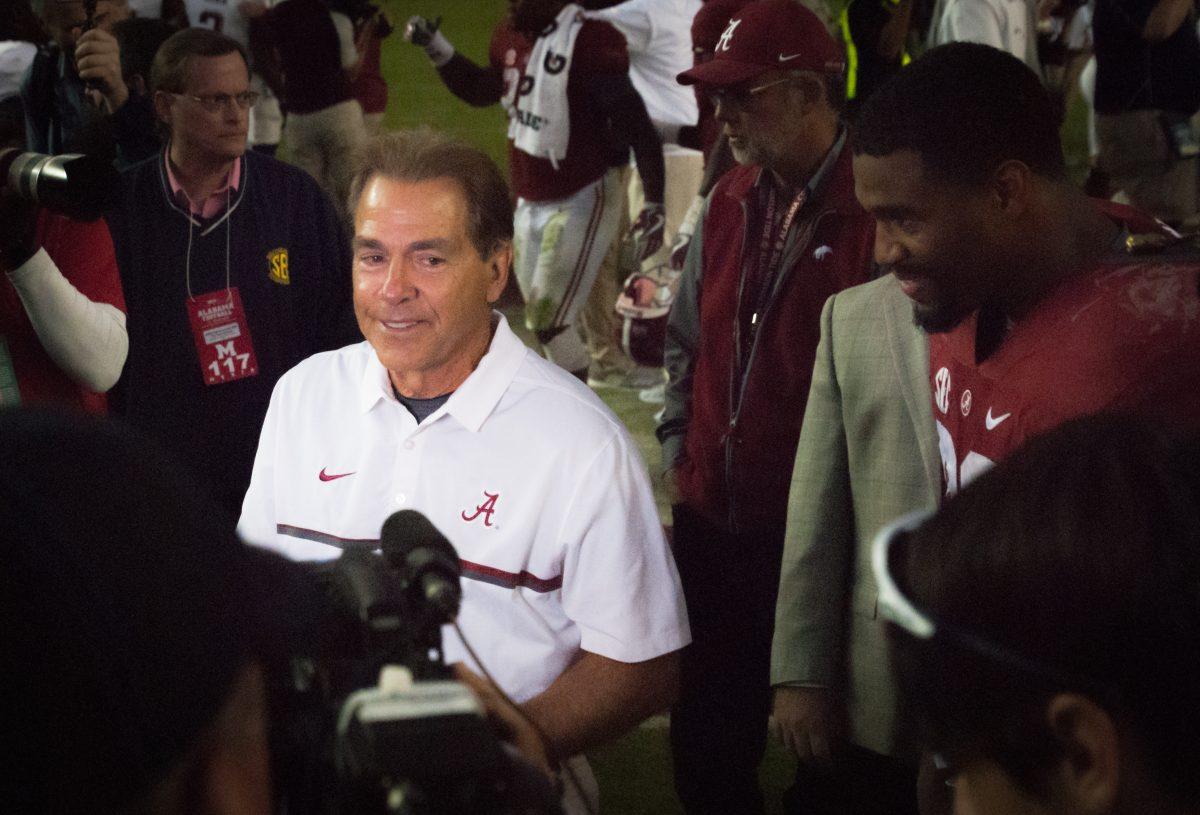 Alabama+Head+Coach+Nick+Saban+talks+to+media+after+his+team+played+then+No.+4+Texas+A%26amp%3BM+on+October+22%2C+2016+at+Bryant-Denny+Stadium.