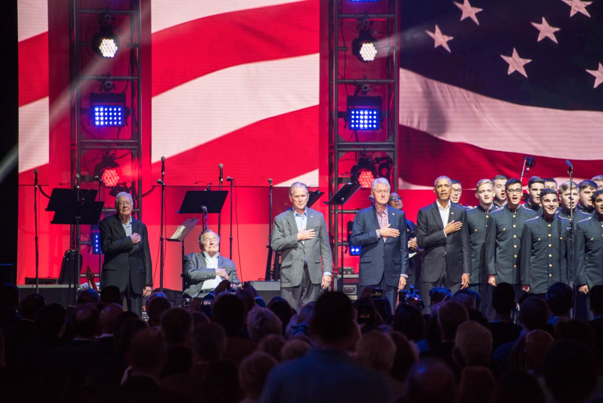 Former+presidents+Jimmy+Carter%2C+George+H.W.+Bush%2C+George+W.+Bush%2C+Bill+Clinton+and+Barack+Obama+joined+Texas+A%26amp%3BMs+Singing+Cadets+on+stage+for+the+National+Anthem.