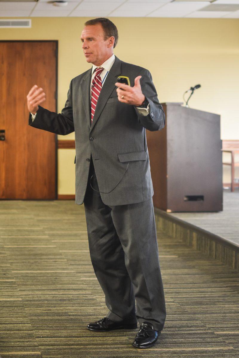 <p>CFO Jerry Strawser speaks at the Tuition hearing held on Monday night. </p>