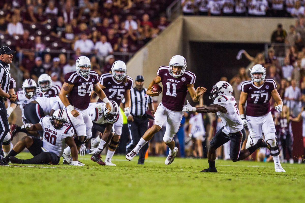 Freshman+quarterback+Kellen+Mond+led+the+Aggies+in+rushing+with+95+yards+on+16+carries.