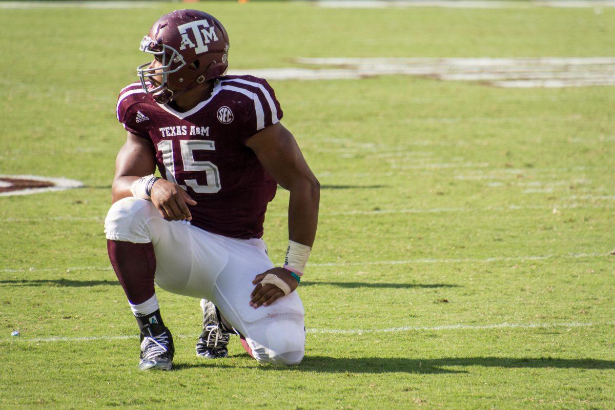 Defensive end Myles Garrett looks towards the sidelines during the season opener against UCLA in 2016.&#160;