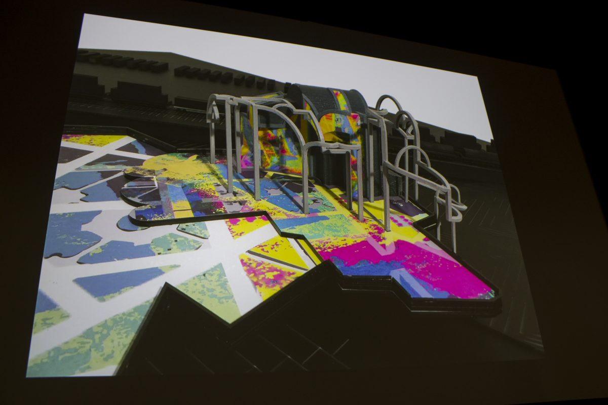 An animated design of a building using Pita's three core methods: color, form, and trace.