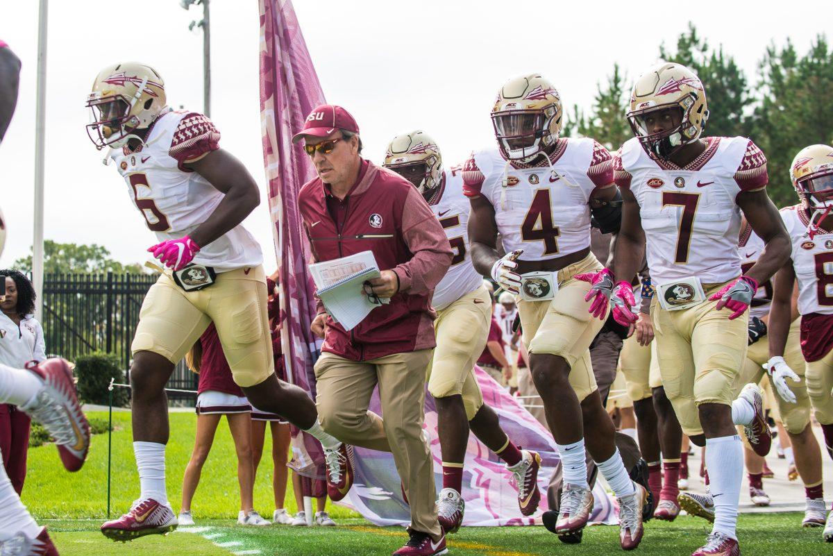 <p>Head coach Jimbo Fisher and the Florida State Seminoles enters Wallace Wade Stadium minutes before kickoff against Duke on Saturday, October 14th.</p>