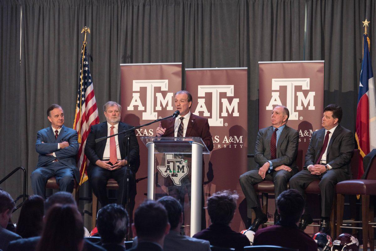 Together, Texas A&M University System Chancellor John Sharp, Board of Regents Chairman Charles W. Schwartz, Texas A&M University President Michael K. Young and Athletic Director Scott Woodward worked together to sign the Aggies’ new head football coach, Jimbo Fisher, to a record contract. 