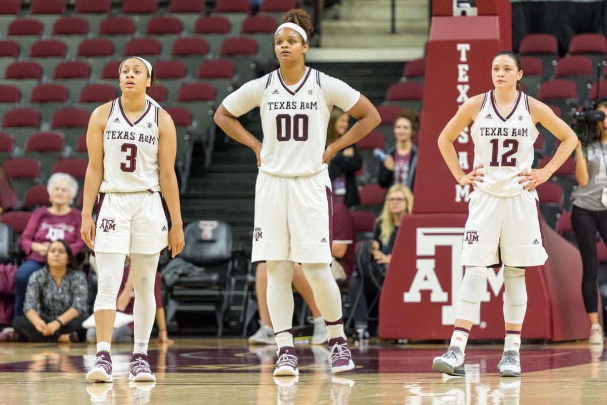 Freshman guard Chennedy Carter with senior center Khaalia Hillsman and junior guard Danni Williams during Wednesday nights close game against visiting Rice.