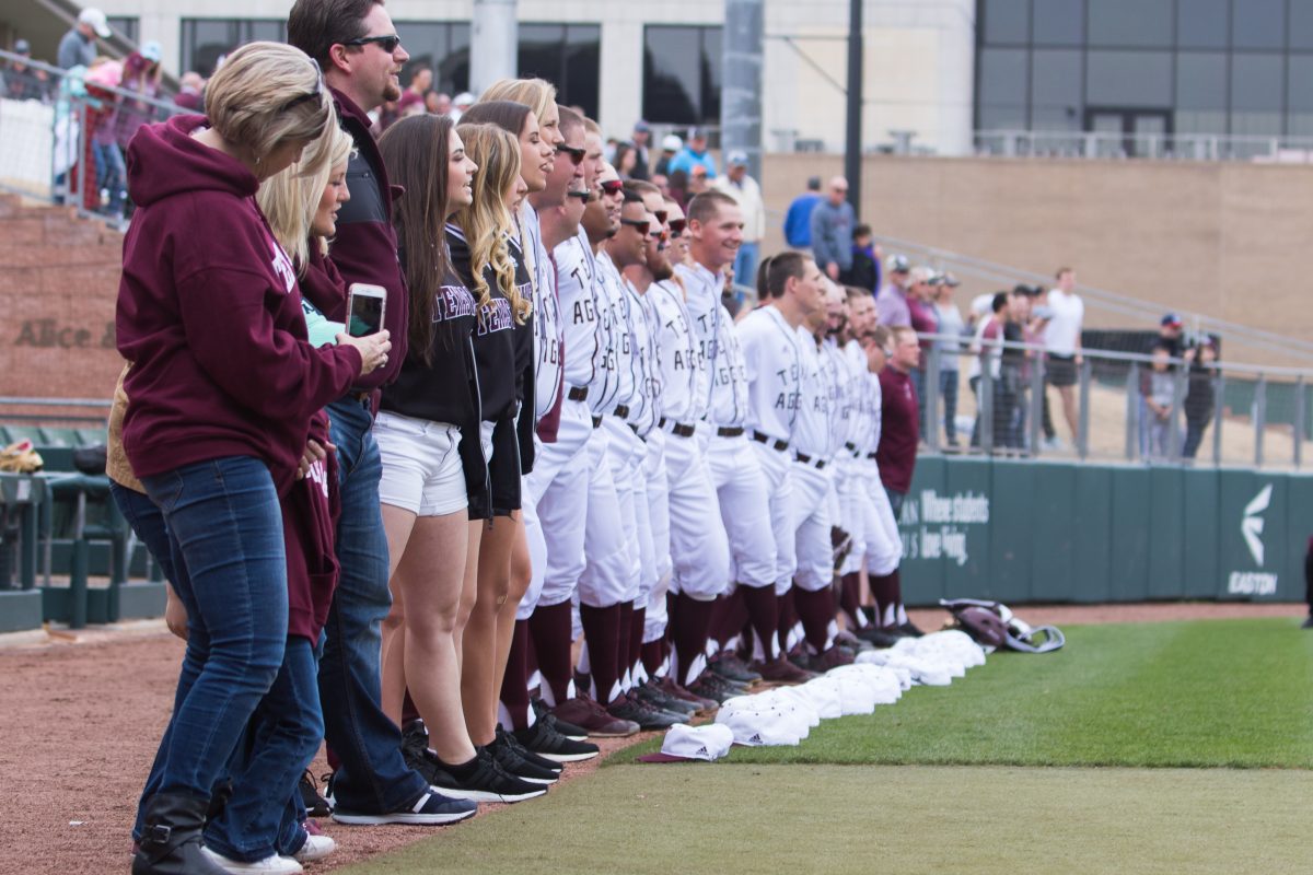 The Texas A&amp;M baseball team lines up prior to the first inning to sing the Aggie War Hymn.&#160;