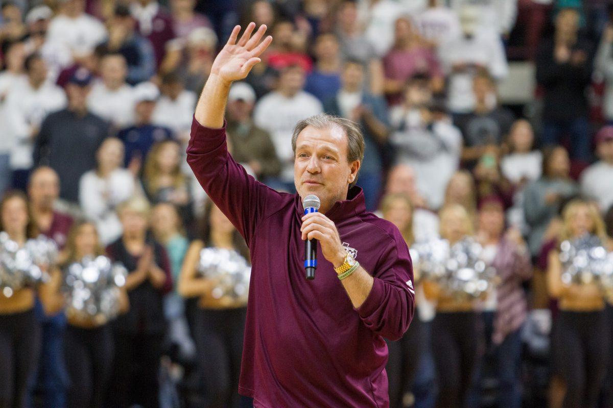 New Texas A&M head football coach Jimbo Fisher spoke to the crowd during a timeout during the game Saturday.