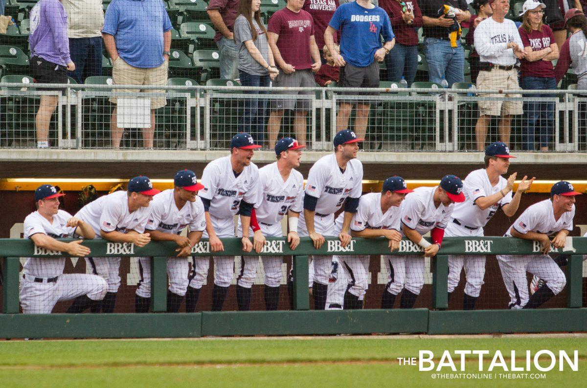 The Texas A&M baseball team cheers on their teammates.