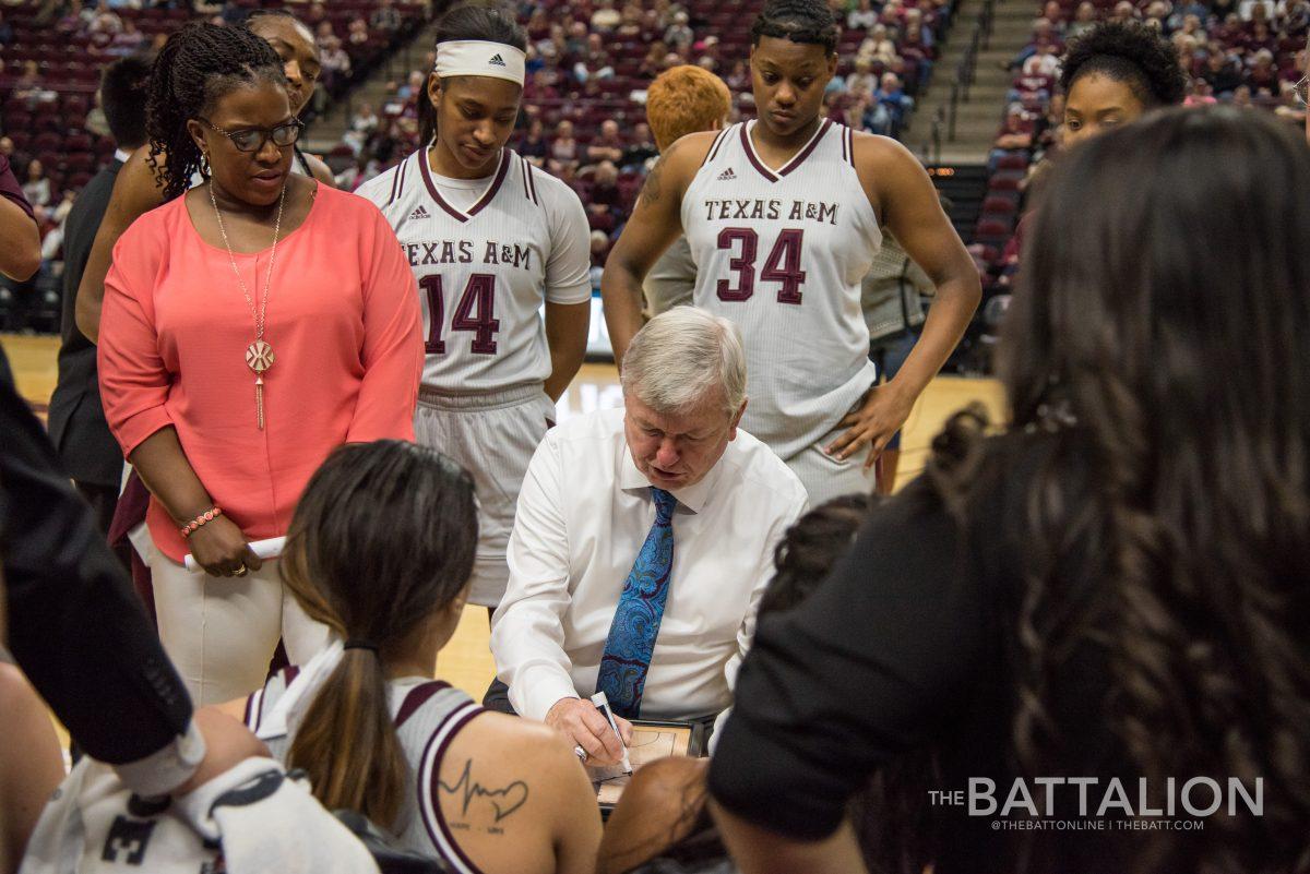 Head women's basketball coach Gary Blair discusses strategy with the team during a timeout.