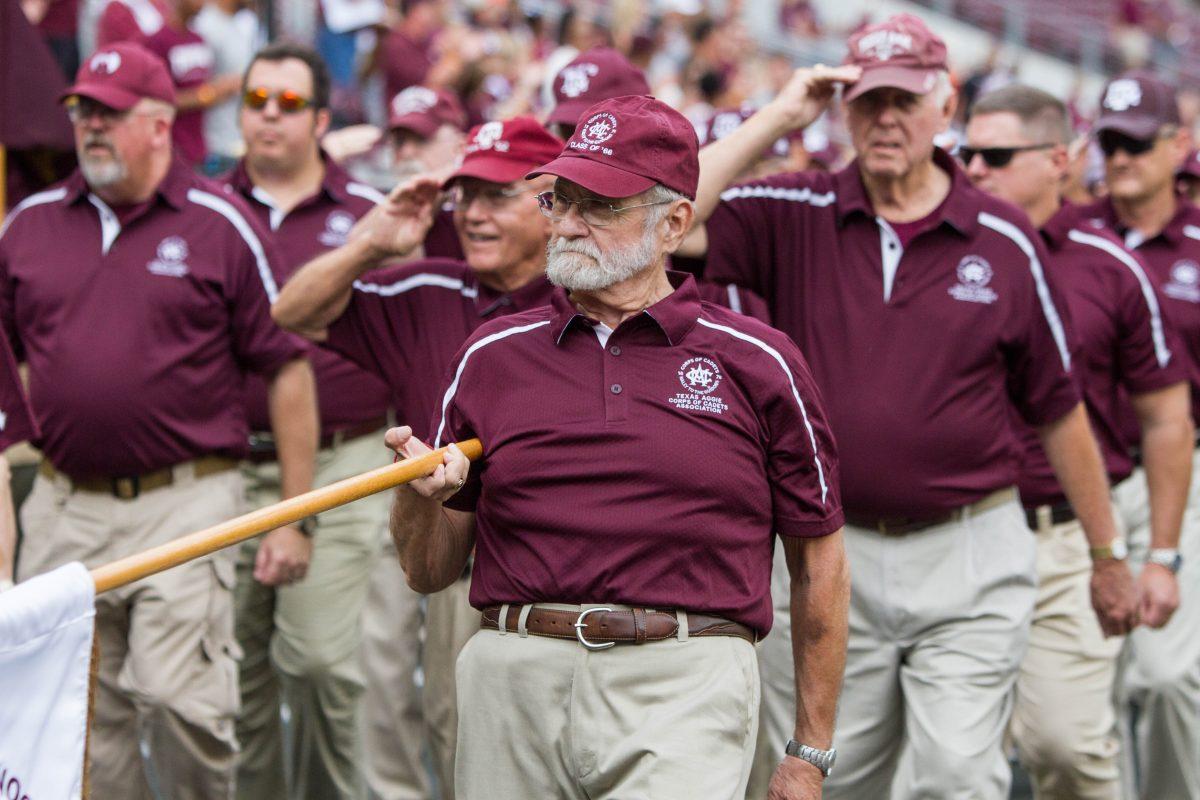 Mike Beggs marches into Kyle Field during Rally to the Guidons on Nov. 5, 2017.