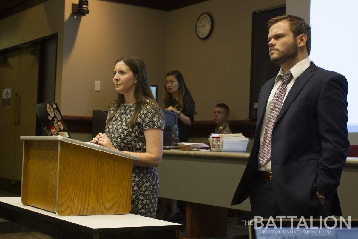 Rachel Keathley and Ben Johnson take questions from student senators about the Removal of the SGA Student Opinion on Fees Act. 