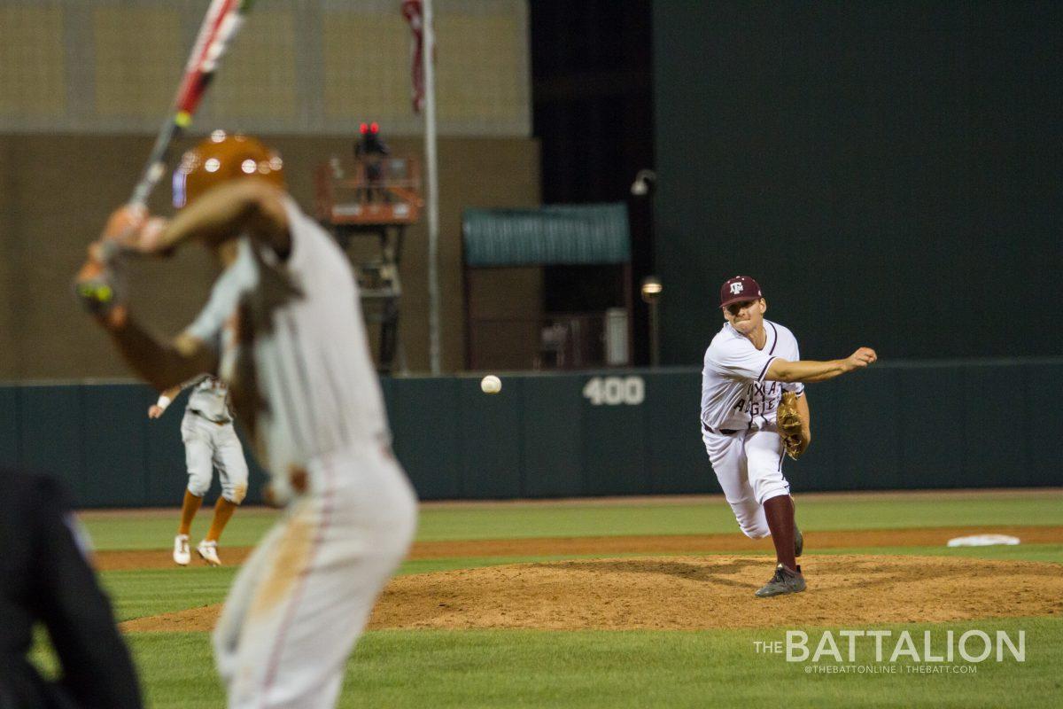 Junior right-handed pitcher Nolan Hoffman earned the save in Tuesday nights 6-5 victory over the University of Texas.