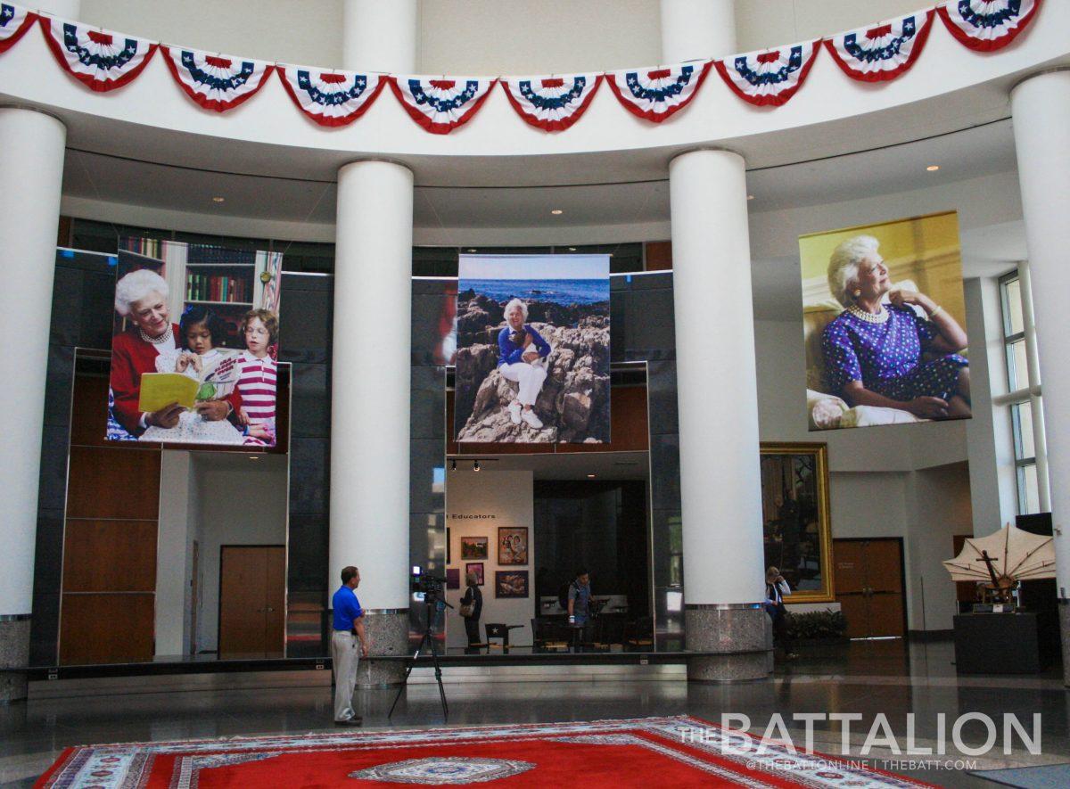 New photo banners of Barbara Bush are on display in the Presidential Rotunda.&#160;