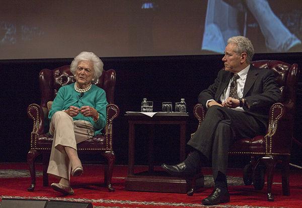 <p>First Lady Barbara Bush reads excerpts from “Rushmore” to school children across the nation in 2015.</p>