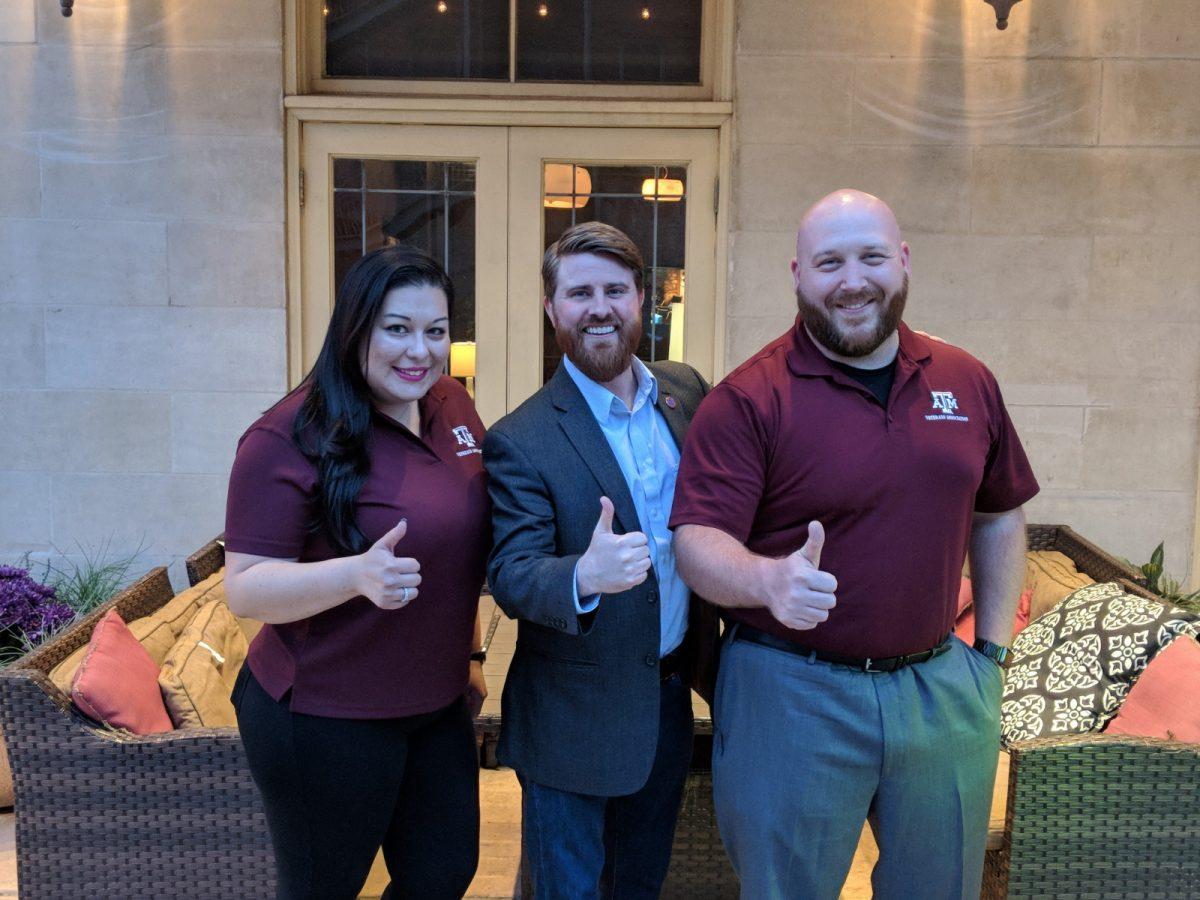 Student Veterans of America President and CEO Jared Lyon (center) with Texas A&M SVA President Nethaniel Gjesdal and event coordinator Alyssa Knuth.