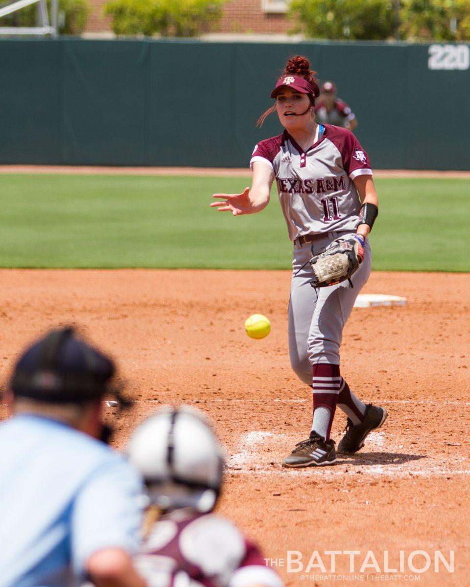 Senior Trinity Harrington pitched the first two innings of the game against the Cowgirls.