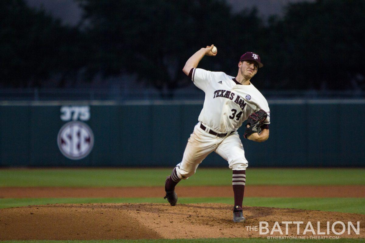 Junior pitcher Mitchell Kilkenny was on the mound for the Aggies through the middle of the fifth inning and finished the night with a 2.32 era.