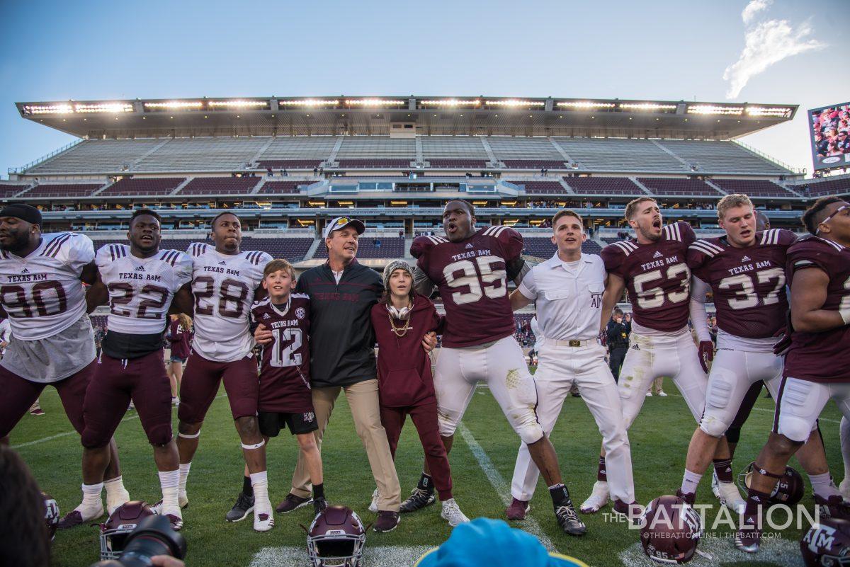 Head+coach+Jimbo+Fisher+sang+the+War+Hymn+on+Kyle+Field+for+the+first+time+following+the+game.