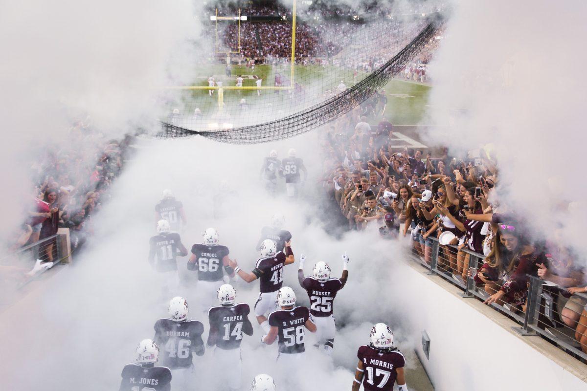The Texas A&M run out of the tunnel and onto Kyle Field for their match-up against No. 1 Alabama on October 7.