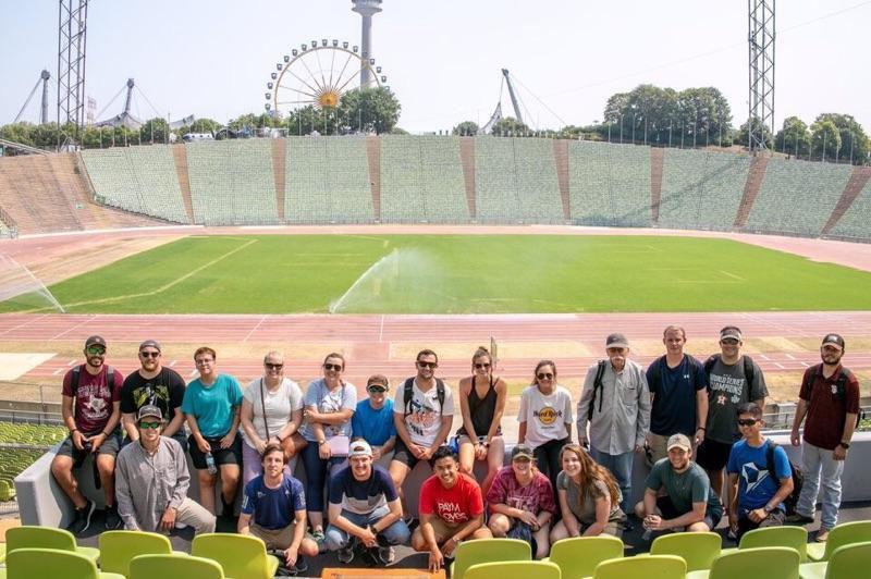 Bradley Panneton and the A&M Germany Architecture for All Majors class at the Munich Olympic stadium in Munich, Germany.