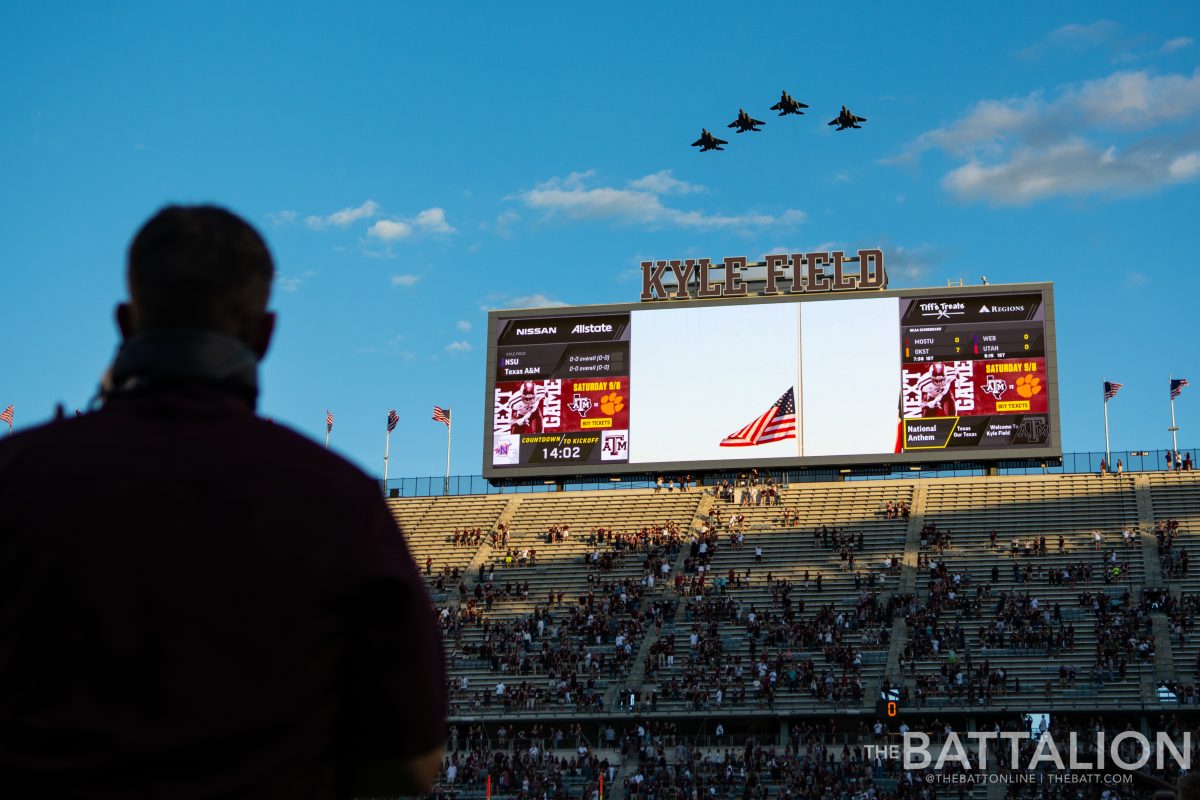 A+group+of+four+F-15s+flew+over+the+Kyle+Field+following+the+national+anthem%2C+three+of+the+jets+were+piloted+by+Aggies+according+to+247sports.com.