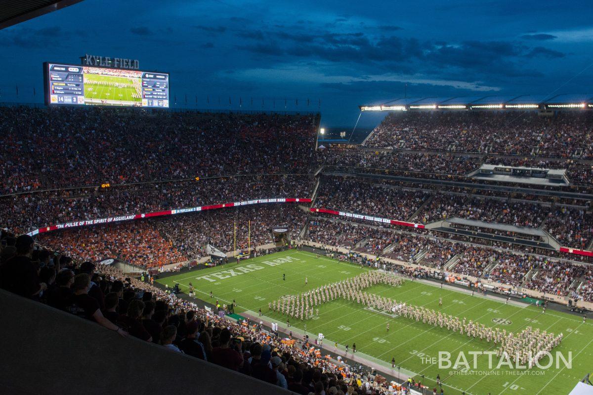 <p>The Fightin' Texas Aggie Band performs their staple Block T formation.</p>