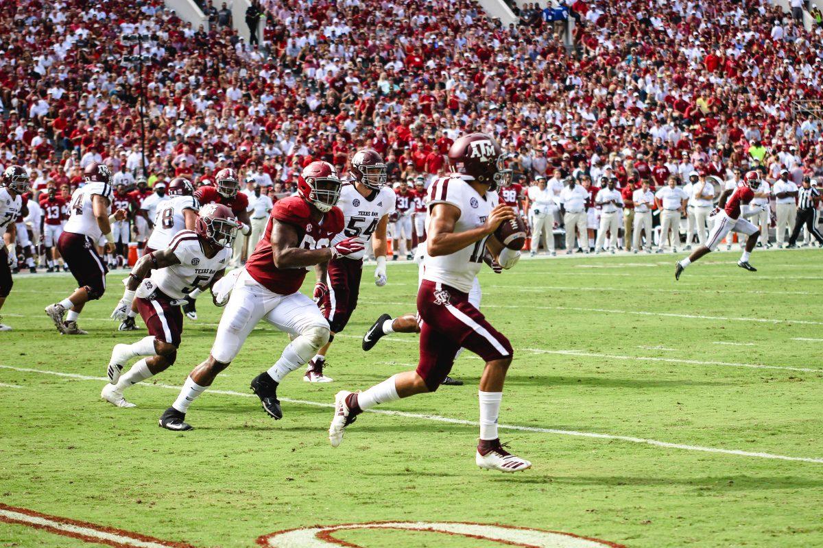 Texas A&M sophomore quarterback Kellen Mond was sacked seven times in the loss to the Tide. 