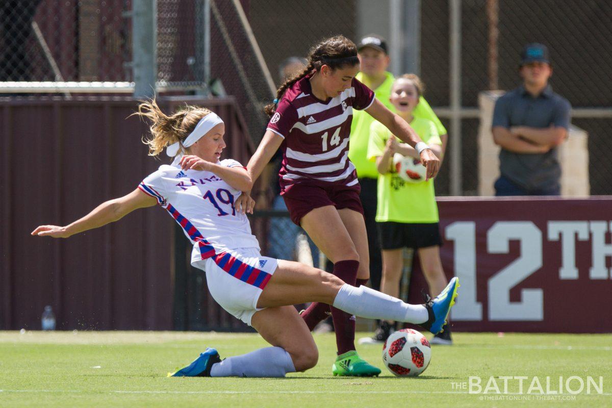 Sophomore&#160;Jimena Lopez played for 50 minutes during the Aggies' victory over Kansas University.