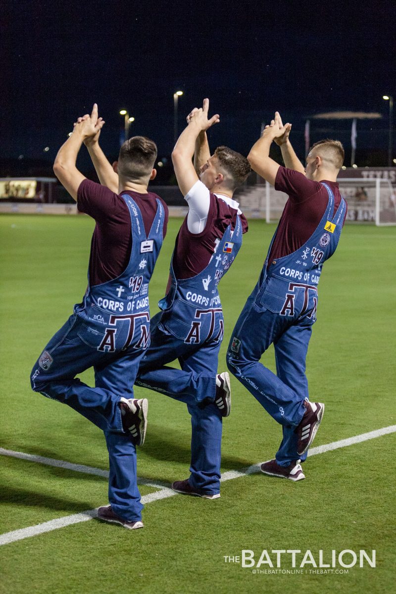 Senior+Yell+Leaders+Connor+Joseph%2C+Gavin+Suel%2C+and+Blake+Jones+whoop+after+the+introductions+of+each+Aggie+soccer+player.