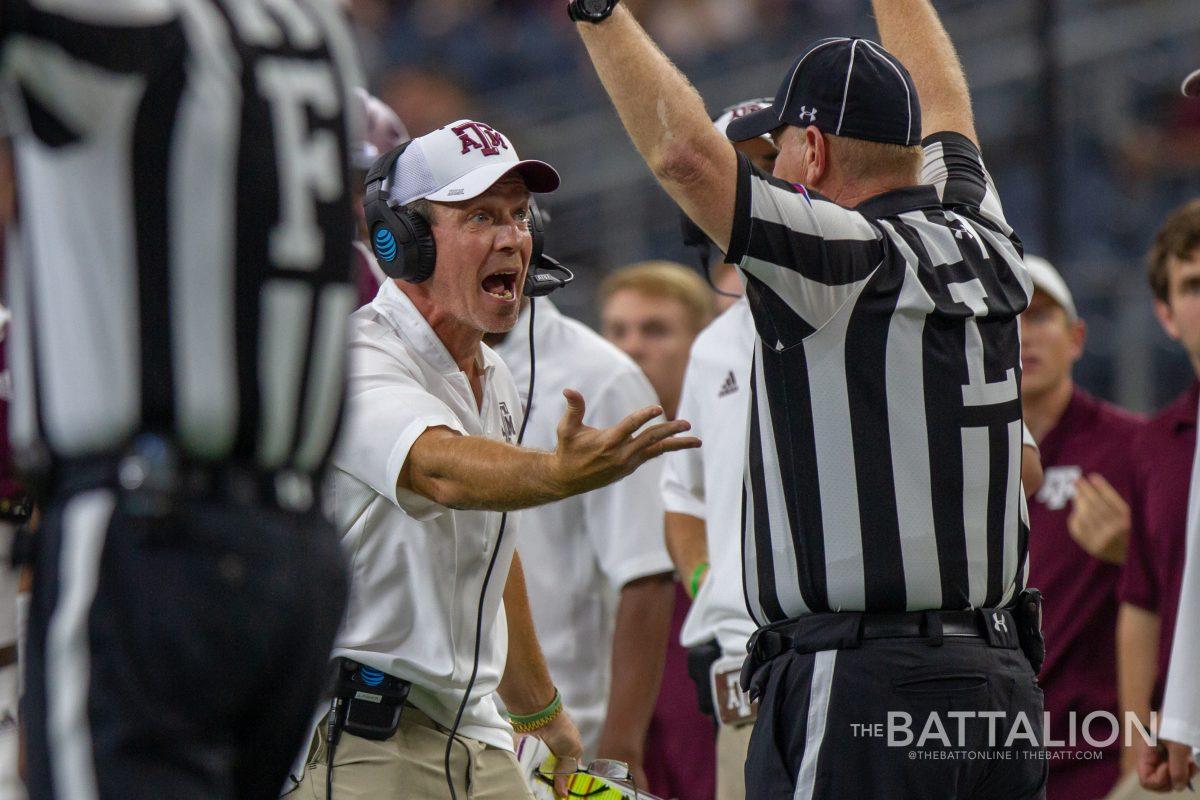 Texas+A%26amp%3BM+head+football+coach+Jimbo+Fisher+argues+with+a+referee.