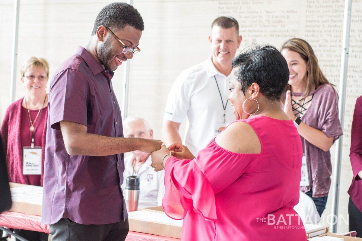 Marketing senior Justin Martin’s mother presented his Aggie Ring to him on Sept. 21.