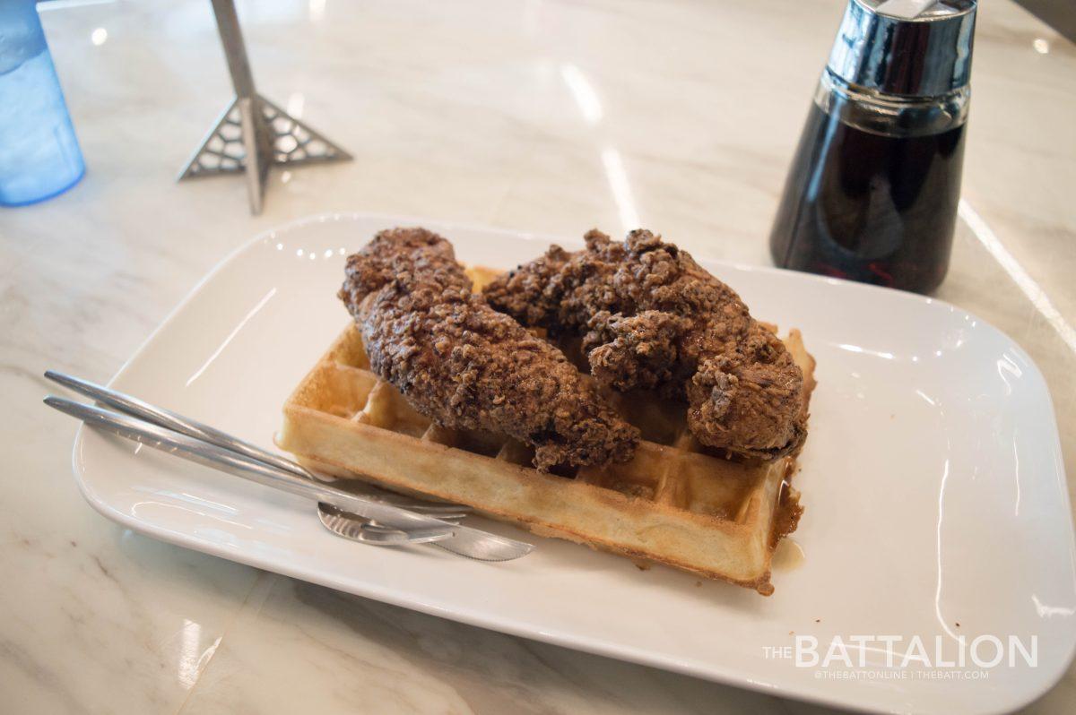 The+chicken+and+waffles+at+MESS+come+in+three+sizes+with+a+variety+of+topping+options.