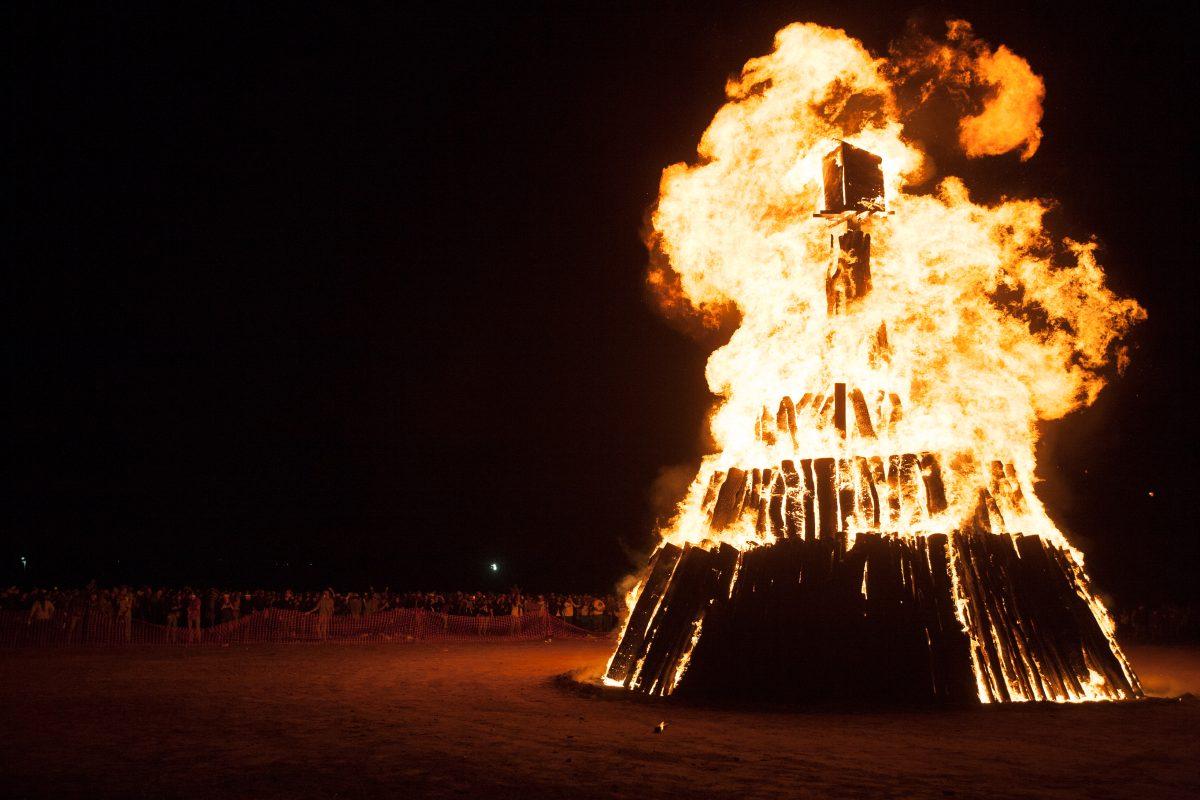 The Stack engulfed in flame during the 2017 Burn Night.