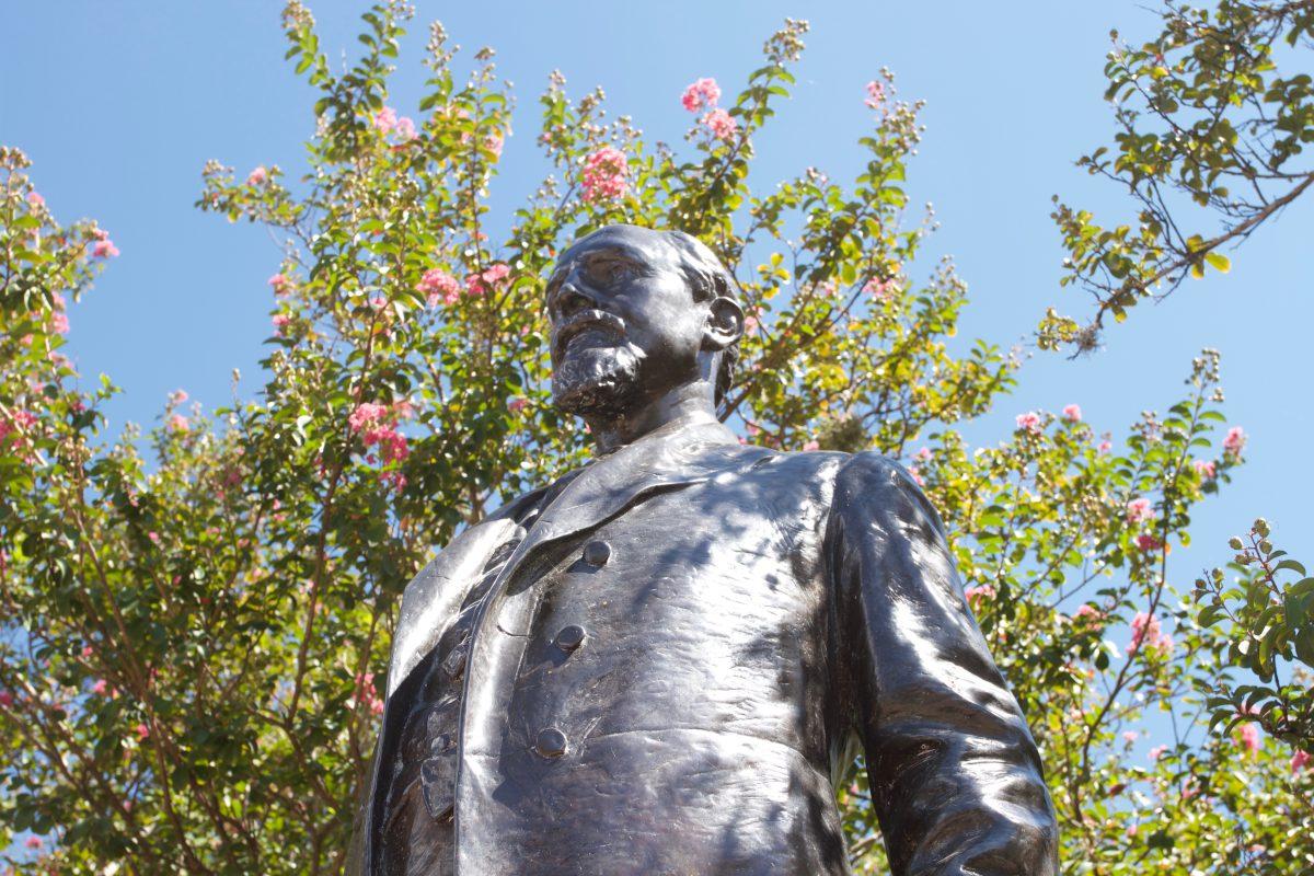 Dedicated in 1918, the bronze statue of Lawrence Sullivan Ross stands in front of the Texas A&M Academic Building in the heart of campus.